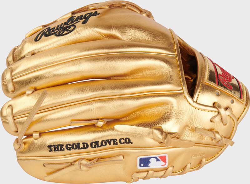 Back of a gold Rawlings Gold Glove Award Authentic Replica Glove with the MLB logo on the pinky